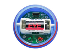 MSR85 Dry Ice Data Logger, shown with open housing and battery